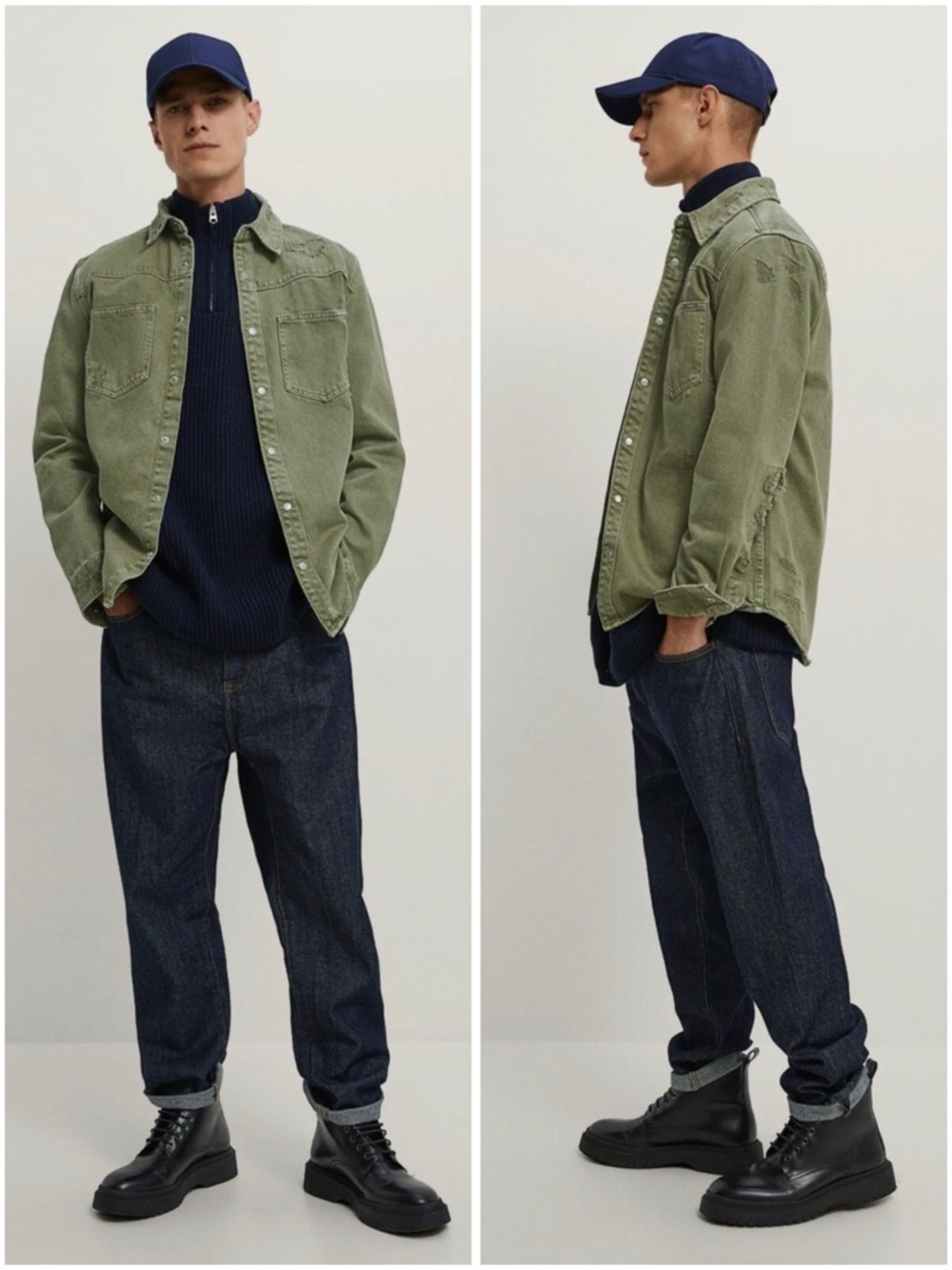 Zara Ripped Denim Olive Green Jacket ⛓️🔲